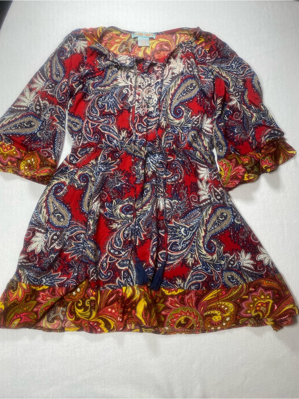 Flying Tomato Red Paisley Dress with Blue and Yellow Accents